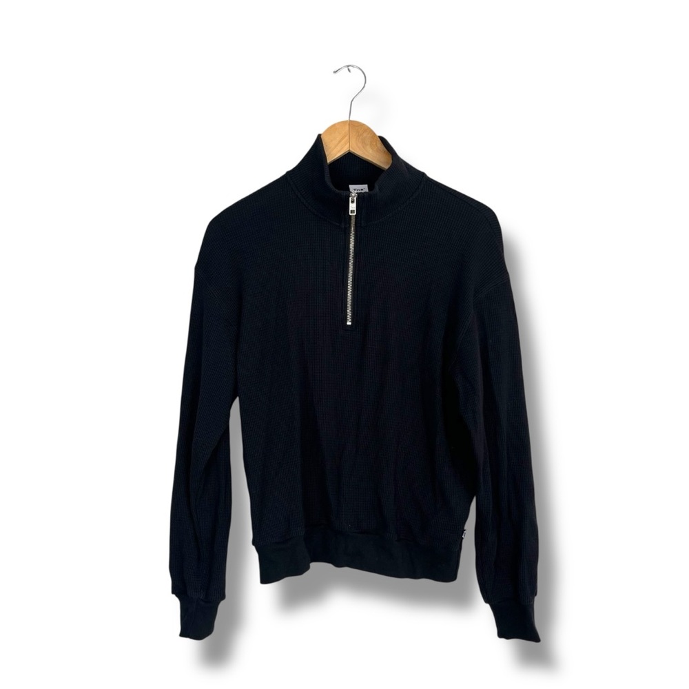 Aritzia TNA Waffle Knit Quarter Zip Thermal Sweatshirt Black Small Cozy Lounge